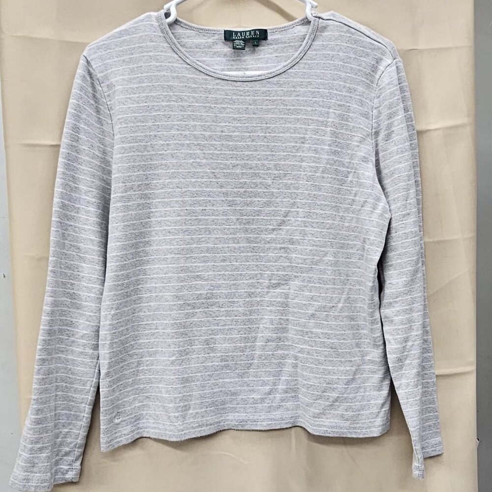 Lauren Ralph Lauren Women's Striped Long Sleeve Cotton Top Grey White LRL Logo L